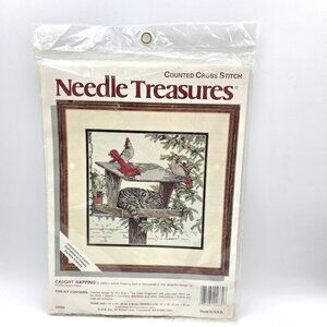 Needle Treasures Caught Napping Cat in Bird Feeder Cardinal Counted Cross Stitch